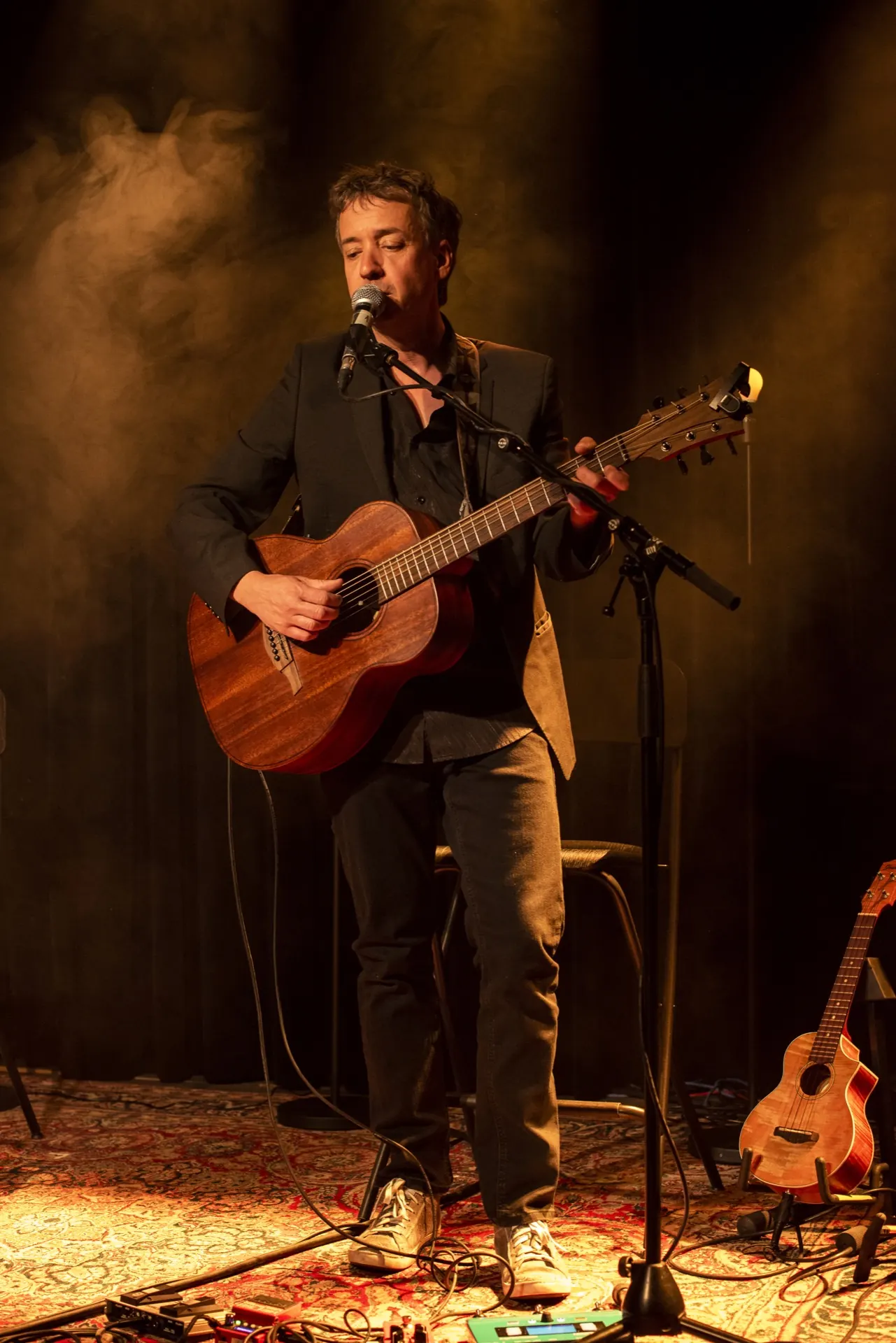 Même musicien debout au micro, guitare brune, dans un contre-jour doré et brumeux.